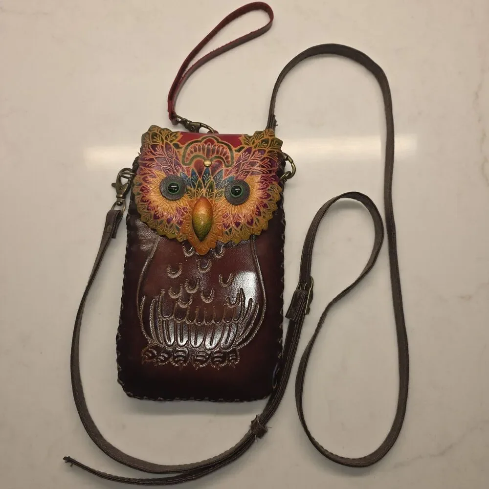 Genuine Leather  Colorful Owl Cross-body Wallet/Purse